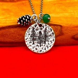 Triple Pine Tree 🌲 pinecone & green stone necklace